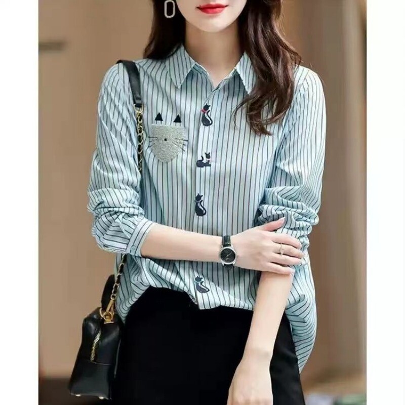 Moteriški pavasario rudens laisvalaikio paprastumas dryžuoti vienspalviai polo apykaklės marškiniai ilgomis rankovėmis Moteriški madingi madingi madingi viršutiniai drabužiai