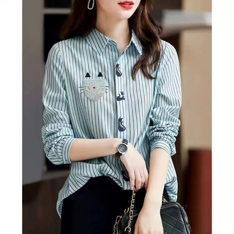 Moteriški pavasario rudens laisvalaikio paprastumas dryžuoti vienspalviai polo apykaklės marškiniai ilgomis rankovėmis Moteriški madingi madingi madingi viršutiniai drabužiai