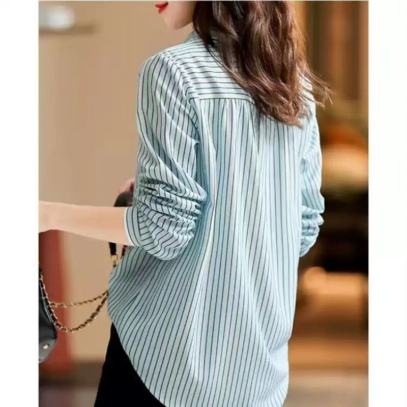 Moteriški pavasario rudens laisvalaikio paprastumas dryžuoti vienspalviai polo apykaklės marškiniai ilgomis rankovėmis Moteriški madingi madingi madingi viršutiniai drabužiai