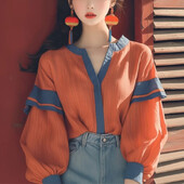 Vintage satīna sieviešu blūzes Pavasaris/vasara Jauns raibs sieviešu krekli Brīvi Modes ar garām piedurknēm Topi Korejas apģērbu izpārdošana