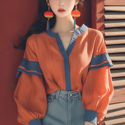 Vintage satīna sieviešu blūzes Pavasaris/vasara Jauns raibs sieviešu krekli Brīvi Modes ar garām piedurknēm Topi Korejas apģērbu izpārdošana