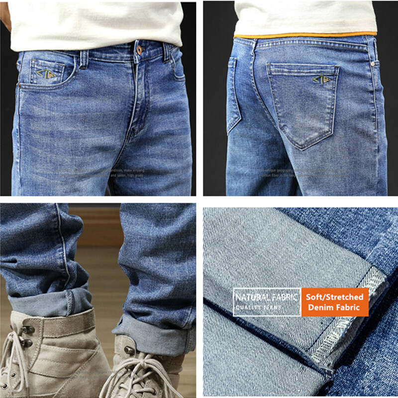 Aukšti vyriški 114 cm 120 cm ypač ilgi mėlyni džinsiniai džinsai, tamprūs plius dydis 42 40 plonas, elastinės didelės vyriškos kelnės tiesios kelnės