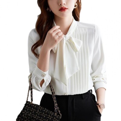 Peteliškės apykaklė Moteriški marškiniai Moteriški pavasario rudens stiliaus palaidinės Marškiniai Moteriški laisvalaikio ilgomis rankovėmis vienspalviai šifono palaidinės viršūnės