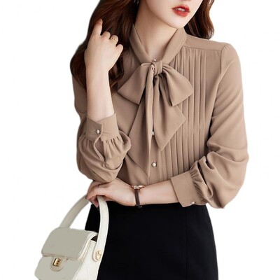 Peteliškės apykaklė Moteriški marškiniai Moteriški pavasario rudens stiliaus palaidinės Marškiniai Moteriški laisvalaikio ilgomis rankovėmis vienspalviai šifono palaidinės viršūnės