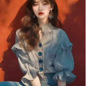 Šifoniniai vintažiniai moteriški marškiniai Vasaros naujiena 2024 m. juostelių korėjietiškų drabužių išpardavimai Laisvi viršutiniai drabužiai trumpomis rankovėmis raukiniai Moteriškos palaidinės