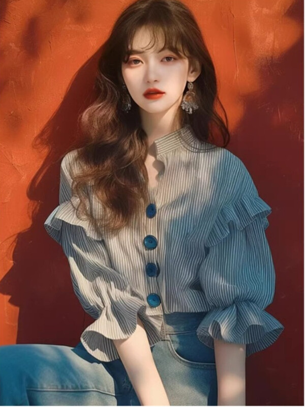 Šifoniniai vintažiniai moteriški marškiniai Vasaros naujiena 2024 m. juostelių korėjietiškų drabužių išpardavimai Laisvi viršutiniai drabužiai trumpomis rankovėmis raukiniai Moteriškos palaidinės