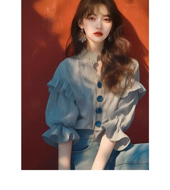 Šifoniniai vintažiniai moteriški marškiniai Vasaros naujiena 2024 m. juostelių korėjietiškų drabužių išpardavimai Laisvi viršutiniai drabužiai trumpomis rankovėmis raukiniai Moteriškos palaidinės