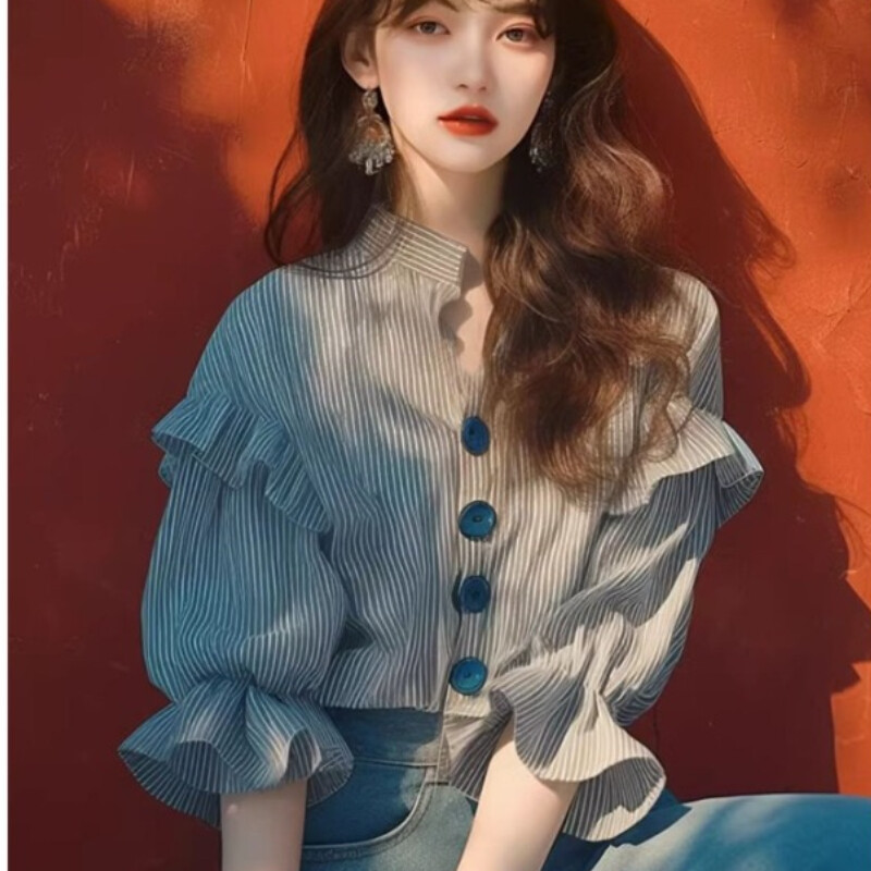 Šifoniniai vintažiniai moteriški marškiniai Vasaros naujiena 2024 m. juostelių korėjietiškų drabužių išpardavimai Laisvi viršutiniai drabužiai trumpomis rankovėmis raukiniai Moteriškos palaidinės