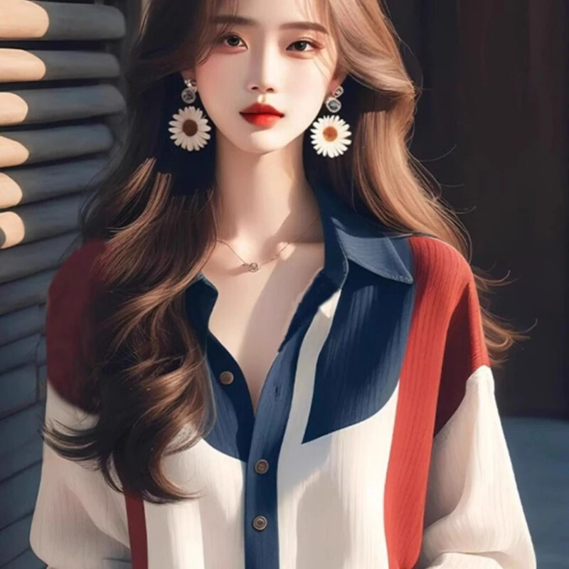 Šifoniniai vintažiniai moteriški marškiniai Pavasario/vasaros nauji kratiniai moteriški marškiniai Laisvi ilgomis rankovėmis Viršutiniai madingi korėjietiškų drabužių išpardavimai