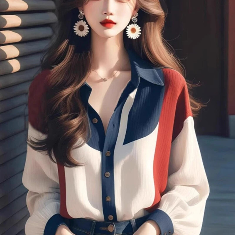 Šifoniniai vintažiniai moteriški marškiniai Pavasario/vasaros nauji kratiniai moteriški marškiniai Laisvi ilgomis rankovėmis Viršutiniai madingi korėjietiškų drabužių išpardavimai