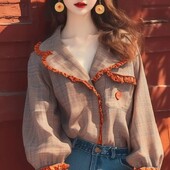 Vintažinės moteriškos palaidinės pavasario/vasaros Nauji languoti laisvi viršutiniai drabužiai ilgomis rankovėmis Korėjietiškų drabužių išpardavimai Moteriški marškiniai