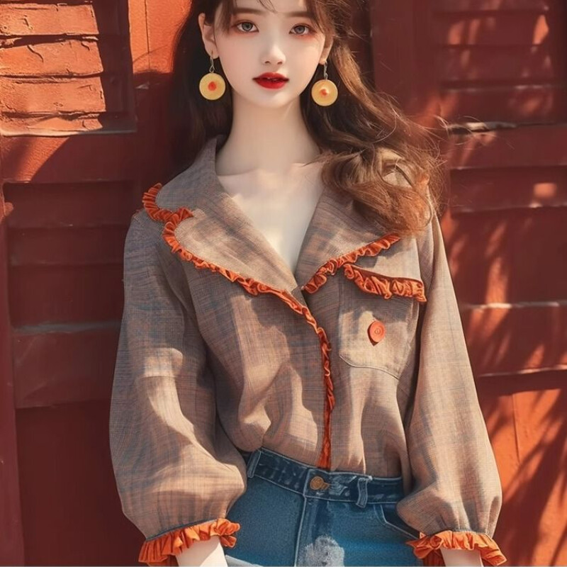 Vintažinės moteriškos palaidinės pavasario/vasaros Nauji languoti laisvi viršutiniai drabužiai ilgomis rankovėmis Korėjietiškų drabužių išpardavimai Moteriški marškiniai