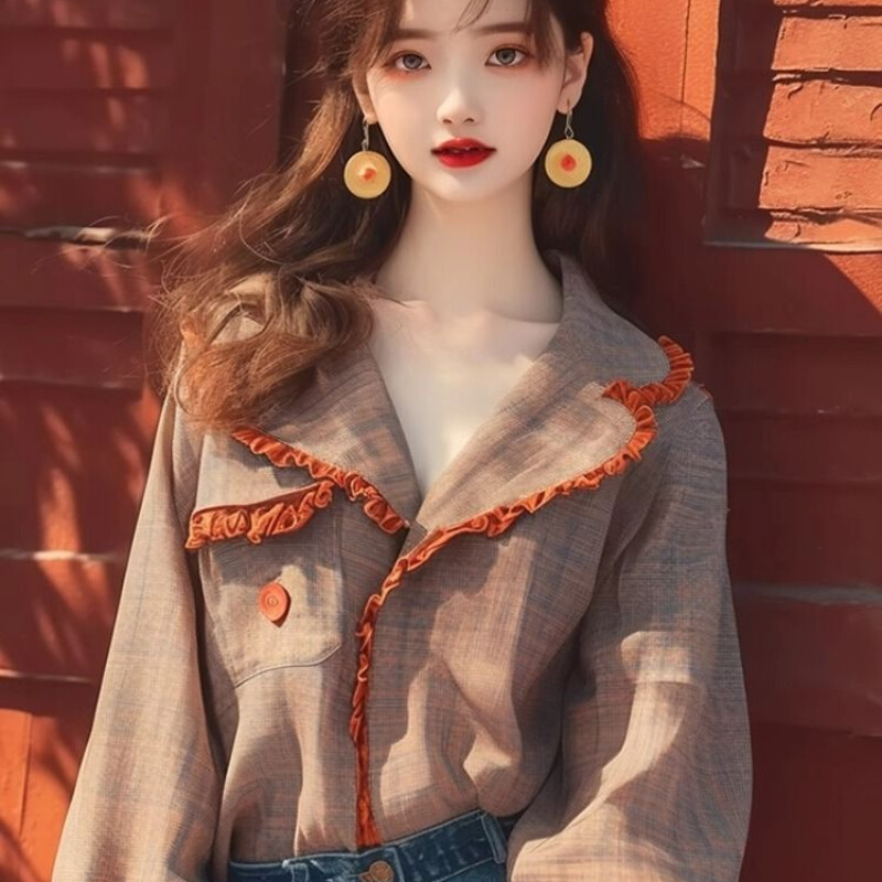 Vintažinės moteriškos palaidinės pavasario/vasaros Nauji languoti laisvi viršutiniai drabužiai ilgomis rankovėmis Korėjietiškų drabužių išpardavimai Moteriški marškiniai