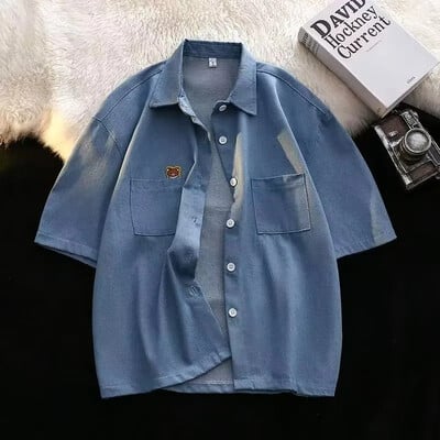 Cămașă din denim cu mâneci scurte de vară, mărimi mari, ocazională, cu o formă lejeră, la modă, stil Hong Kong, design simplu, pentru bărbați și femei