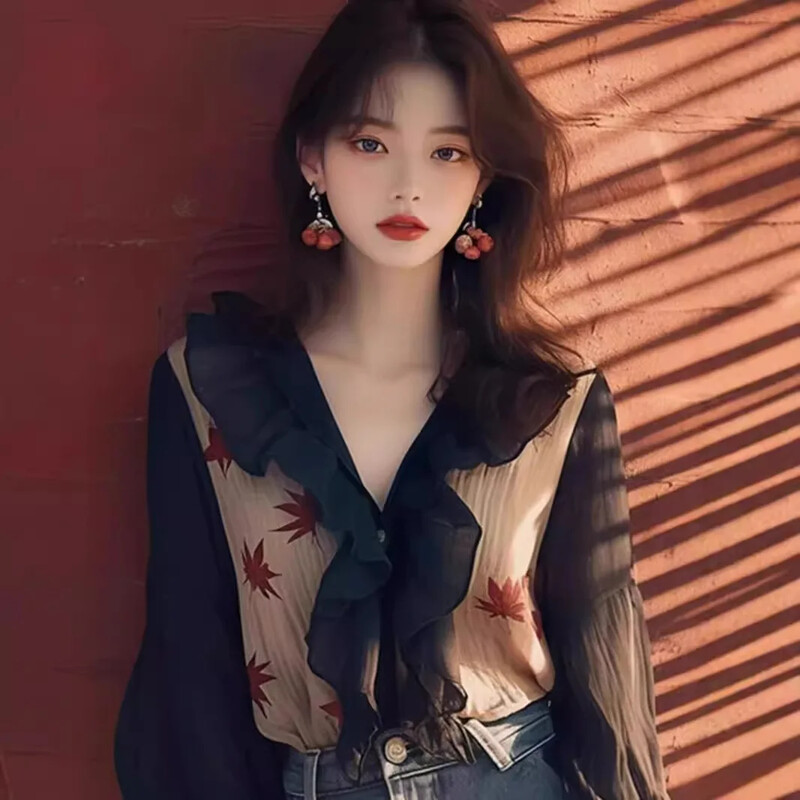 Eleganta slaidinoša melna šifona blūze Niche franču dizaina Sensibility Top Petite Stilīgs moderns sieviešu krekls ar pogu