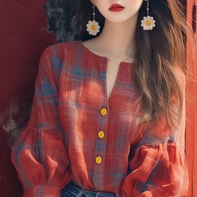 Vintage sieviešu blūzes pavasara/vasaras jauni rūtaini brīvi pieguļoši topi ar garām piedurknēm korejiešu apģērbu izpārdošanas sieviešu krekli ar O veida izgriezumiem