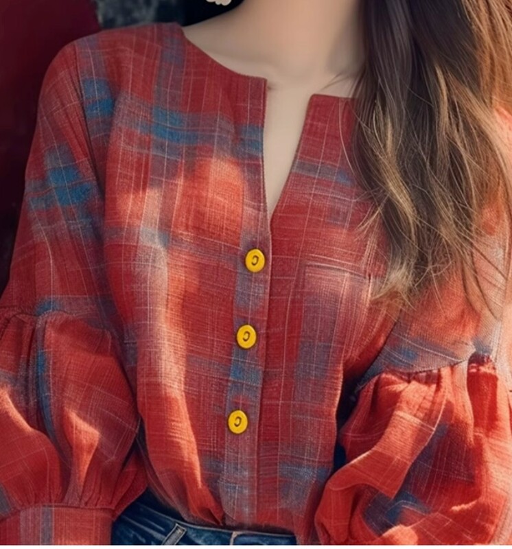 Vintage sieviešu blūzes pavasara/vasaras jauni rūtaini brīvi pieguļoši topi ar garām piedurknēm korejiešu apģērbu izpārdošanas sieviešu krekli ar O veida izgriezumiem