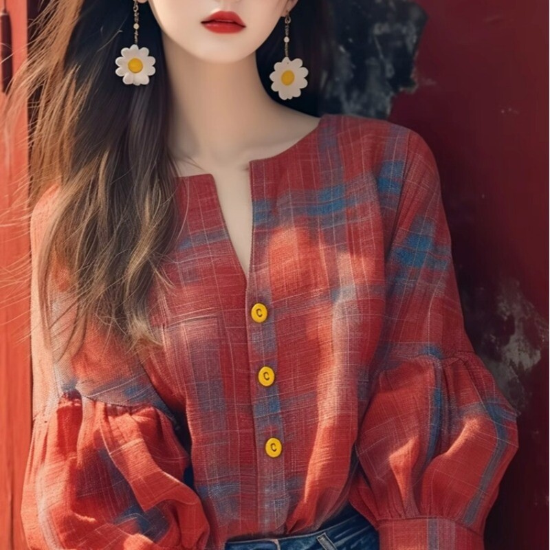 Vintage sieviešu blūzes pavasara/vasaras jauni rūtaini brīvi pieguļoši topi ar garām piedurknēm korejiešu apģērbu izpārdošanas sieviešu krekli ar O veida izgriezumiem