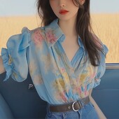 Mood 2024, suvine uued pluusid, magusad splaissitud trükitud polokrae, lõdvad, nööbiga volangid, lühikeste varrukatega naiste särgid, topid