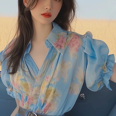 Mood 2024, suvine uued pluusid, magusad splaissitud trükitud polokrae, lõdvad, nööbiga volangid, lühikeste varrukatega naiste särgid, topid