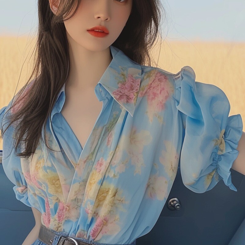 Mood 2024, suvine uued pluusid, magusad splaissitud trükitud polokrae, lõdvad, nööbiga volangid, lühikeste varrukatega naiste särgid, topid