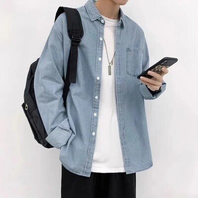 Laisvi džinsiniai marškiniai ilgomis rankovėmis vyrams Laisvai madinga striukė Madinga vagabond stiliaus pavasario rudens sezono drabužių spinta Essentia