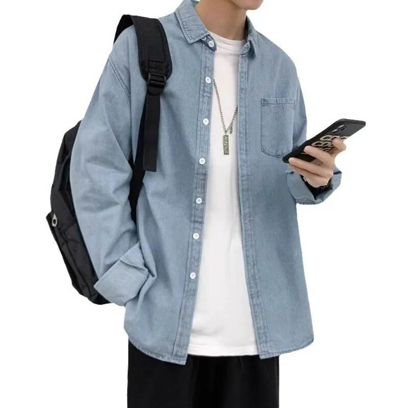 Laisvi džinsiniai marškiniai ilgomis rankovėmis vyrams Laisvai madinga striukė Madinga vagabond stiliaus pavasario rudens sezono drabužių spinta Essentia