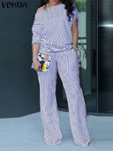 „VONDA Plus Size“ atitikimo komplektai Moteriški kelnių rinkiniai 2024 Elegantiški dryžuotos kelnės, tinkančios viršutiniams ir plačioms kelnėms