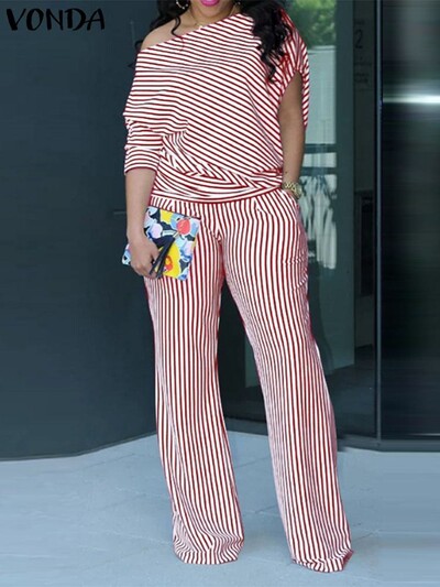 „VONDA Plus Size“ atitikimo komplektai Moteriški kelnių rinkiniai 2024 Elegantiški dryžuotos kelnės, tinkančios viršutiniams ir plačioms kelnėms