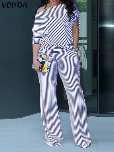 „VONDA Plus Size“ atitikimo komplektai Moteriški kelnių rinkiniai 2024 Elegantiški dryžuotos kelnės, tinkančios viršutiniams ir plačioms kelnėms