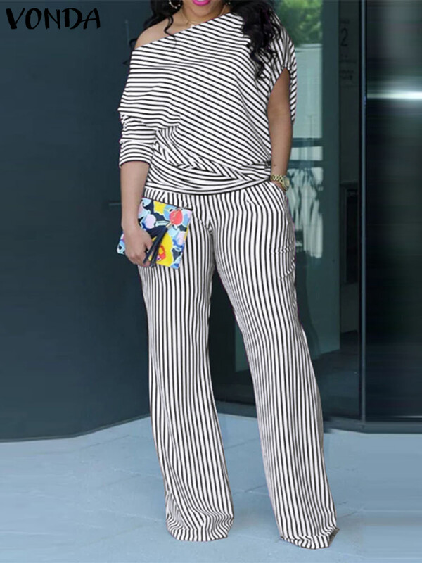 „VONDA Plus Size“ atitikimo komplektai Moteriški kelnių rinkiniai 2024 Elegantiški dryžuotos kelnės, tinkančios viršutiniams ir plačioms kelnėms