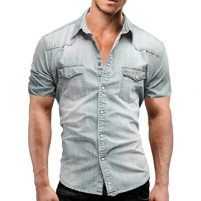 Teksasärk, kokkutõmbumiskindel kontorisärk, nööbid, klapp Klassikaline suvine ühevärviline teksasärk Top Streetwear