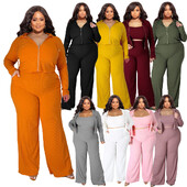 Didelio dydžio moteriškas laisvalaikio rinkinys 3 dalių kostiumo komplektai Madingi elegantiški sportiniai kostiumai Seksualūs užtrauktuku susagstomi megztiniai „Camis“ plačios kelnės, sportiniai kostiumai