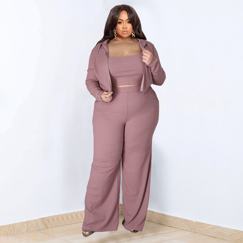 Didelio dydžio moteriškas laisvalaikio rinkinys 3 dalių kostiumo komplektai Madingi elegantiški sportiniai kostiumai Seksualūs užtrauktuku susagstomi megztiniai „Camis“ plačios kelnės, sportiniai kostiumai