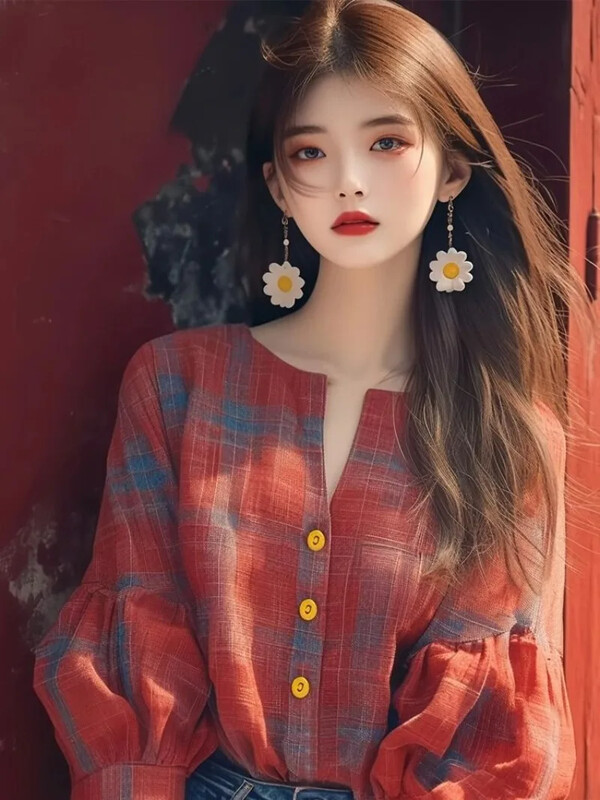 Vintažinės moteriškos palaidinės pavasario/vasaros nauji languoti laisvi viršutiniai drabužiai ilgomis rankovėmis Korėjietiškų drabužių išpardavimai Moteriški marškiniai su O formos iškirpte