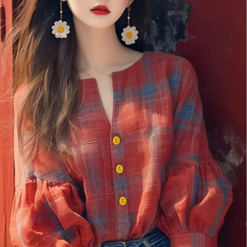 Vintažinės moteriškos palaidinės pavasario/vasaros nauji languoti laisvi viršutiniai drabužiai ilgomis rankovėmis Korėjietiškų drabužių išpardavimai Moteriški marškiniai su O formos iškirpte