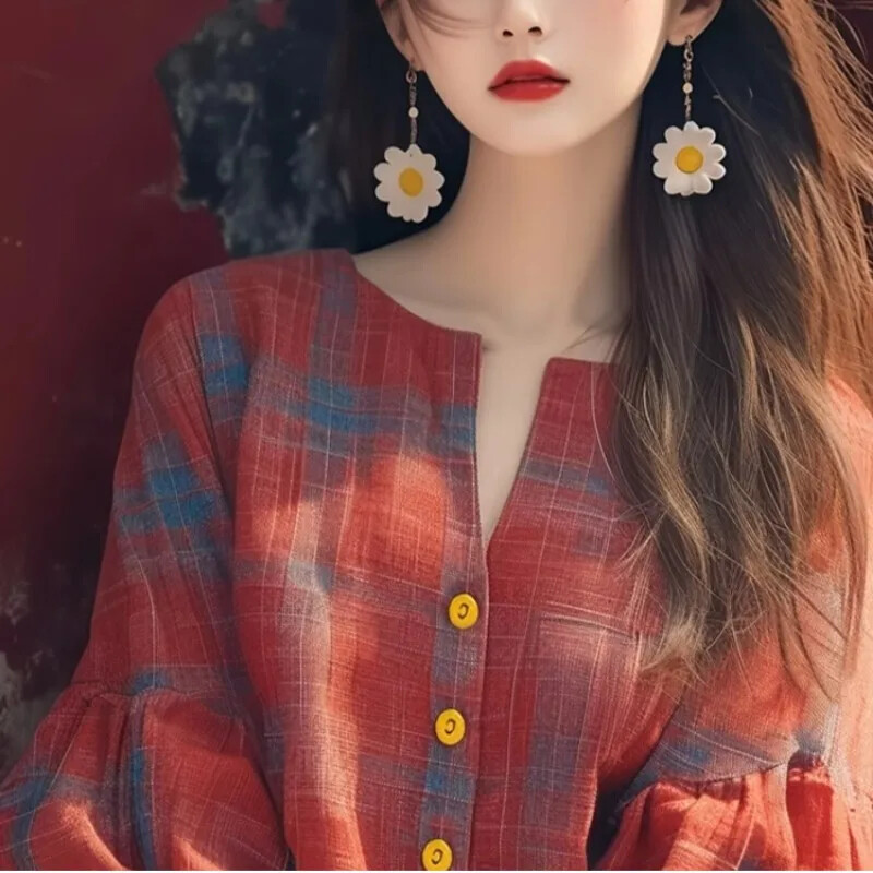 Vintažinės moteriškos palaidinės pavasario/vasaros nauji languoti laisvi viršutiniai drabužiai ilgomis rankovėmis Korėjietiškų drabužių išpardavimai Moteriški marškiniai su O formos iškirpte