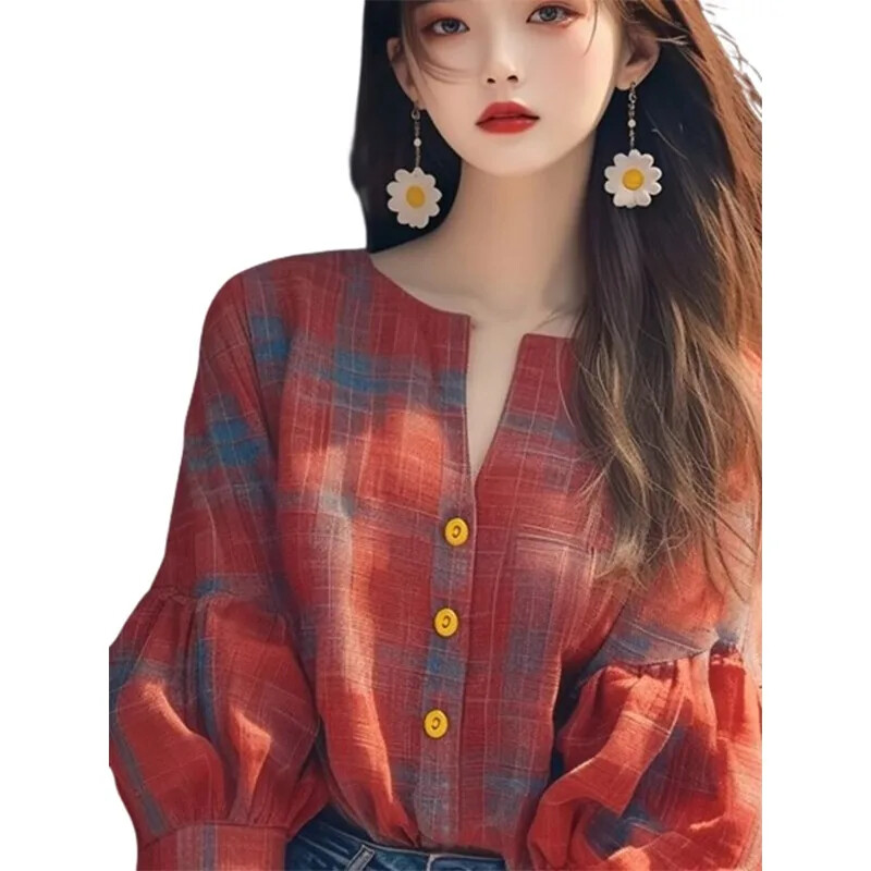 Vintažinės moteriškos palaidinės pavasario/vasaros nauji languoti laisvi viršutiniai drabužiai ilgomis rankovėmis Korėjietiškų drabužių išpardavimai Moteriški marškiniai su O formos iškirpte