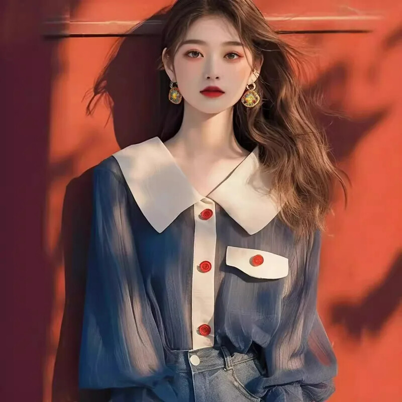 2024. Novi stil francuske jedinstvene hladnoplave elegantne košulje za mršavljenje u ranoj jeseni Vrhunska korejska bluza koja smanjuje starenje