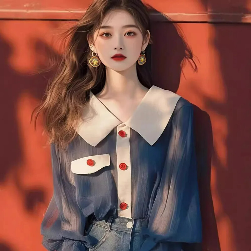 2024. Novi stil francuske jedinstvene hladnoplave elegantne košulje za mršavljenje u ranoj jeseni Vrhunska korejska bluza koja smanjuje starenje