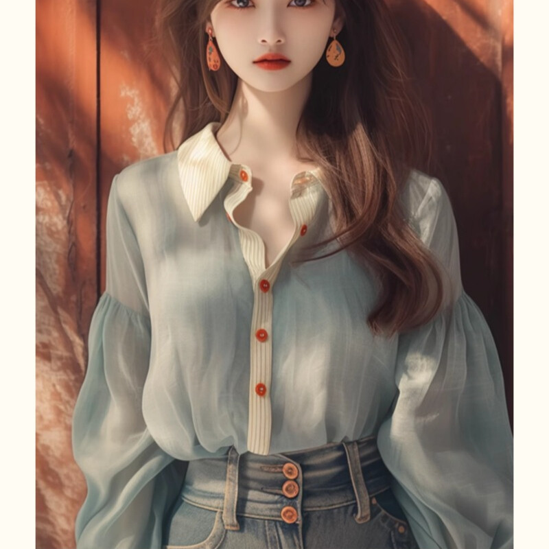 Šifoniniai vintažiniai moteriški marškiniai Vasaros naujiena, 2024 m. solidžių korėjietiškų drabužių išpardavimas Laisvos viršūnės ilgomis rankovėmis Elegantiškos moteriškos palaidinės