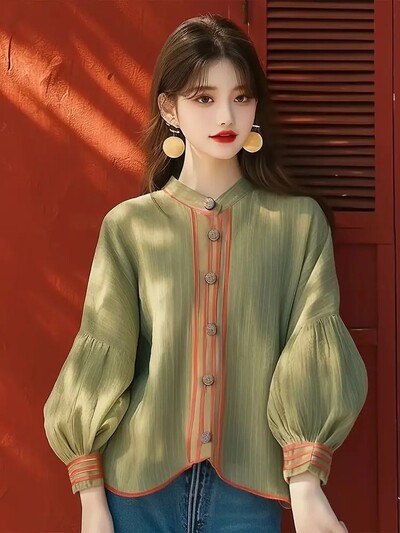 2024. aasta varasügis uue stiiliga niši tippklassi moodne Korea vananemist vähendav roheline latern varrukatega naiste särk nööbiga