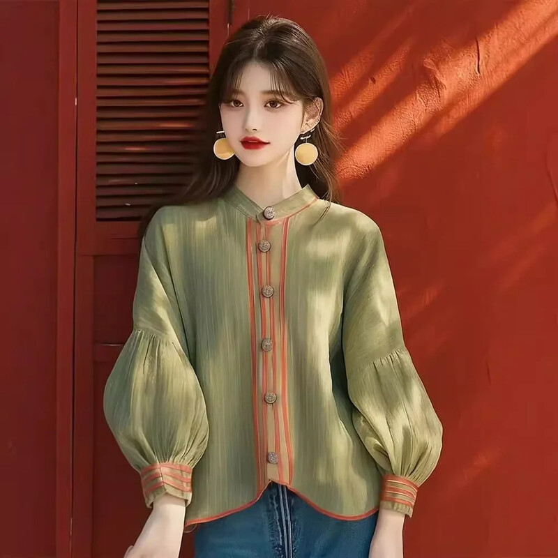 2024. aasta varasügis uue stiiliga niši tippklassi moodne Korea vananemist vähendav roheline latern varrukatega naiste särk nööbiga