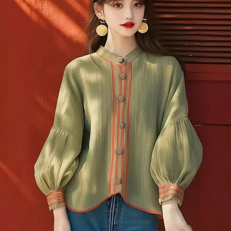 2024. aasta varasügis uue stiiliga niši tippklassi moodne Korea vananemist vähendav roheline latern varrukatega naiste särk nööbiga