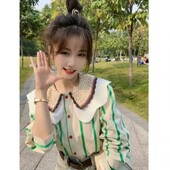 Prancūziško stiliaus lėlės apykakle dryžuoti saldūs marškinėliai, skirti moteriškam pavasariui rudeniui Nauji laisvalaikio jaunatviški vėjai Gražūs prašmatnūs ilgomis rankovėmis