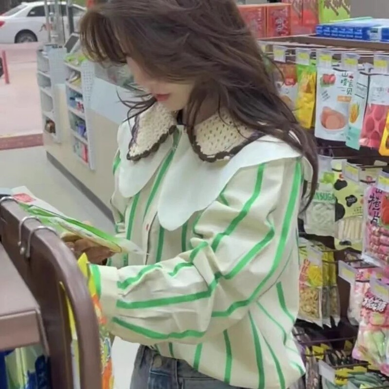 Prancūziško stiliaus lėlės apykakle dryžuoti saldūs marškinėliai, skirti moteriškam pavasariui rudeniui Nauji laisvalaikio jaunatviški vėjai Gražūs prašmatnūs ilgomis rankovėmis