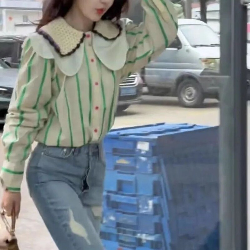 Prancūziško stiliaus lėlės apykakle dryžuoti saldūs marškinėliai, skirti moteriškam pavasariui rudeniui Nauji laisvalaikio jaunatviški vėjai Gražūs prašmatnūs ilgomis rankovėmis