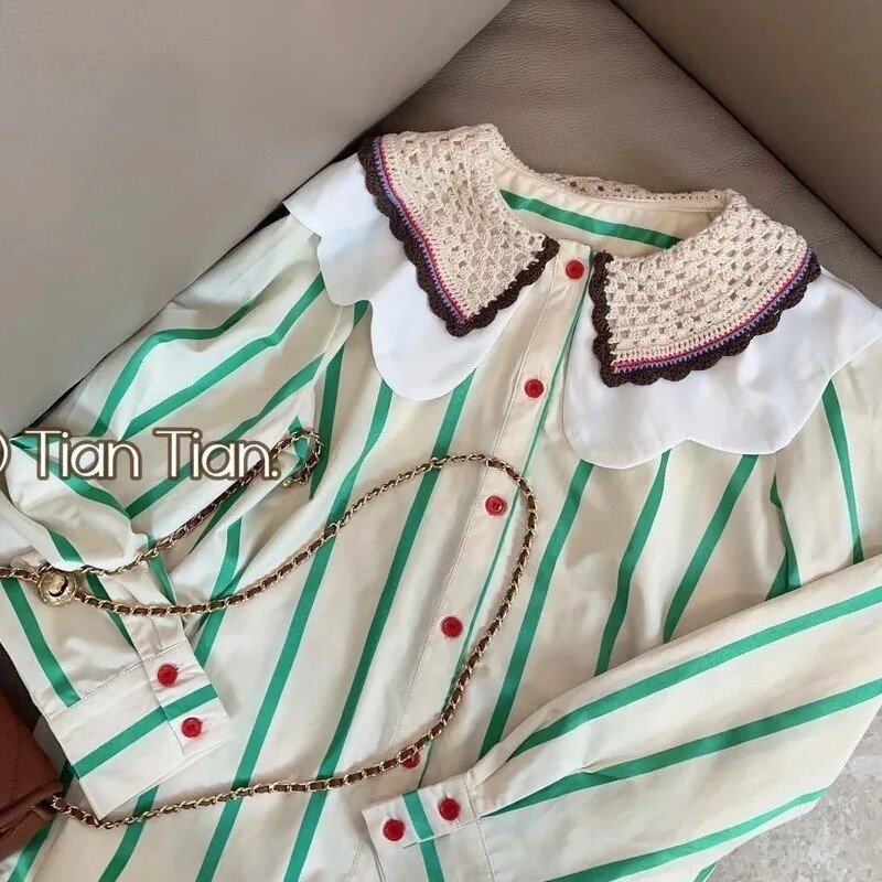 Prancūziško stiliaus lėlės apykakle dryžuoti saldūs marškinėliai, skirti moteriškam pavasariui rudeniui Nauji laisvalaikio jaunatviški vėjai Gražūs prašmatnūs ilgomis rankovėmis