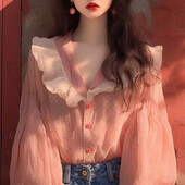 Täpilised Vintage naiste pluusid Kevad/suvi Uued lapitööd Korea särgid Vaba volangiga V-kaelusega naiste rõivaste müük