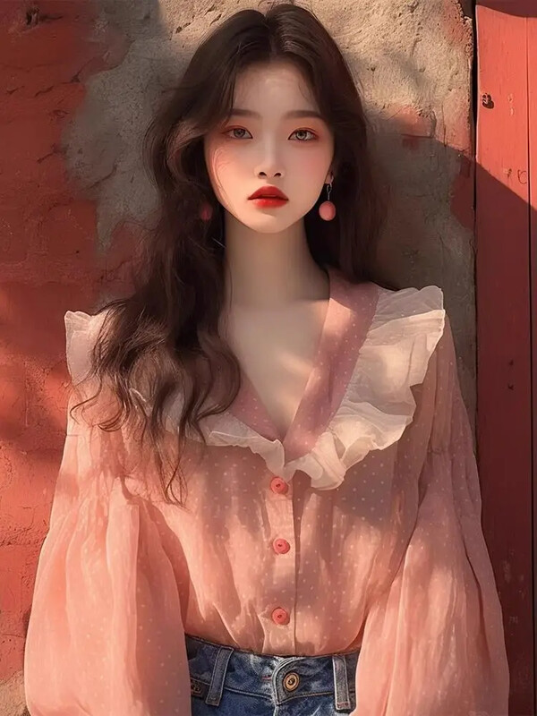 Täpilised Vintage naiste pluusid Kevad/suvi Uued lapitööd Korea särgid Vaba volangiga V-kaelusega naiste rõivaste müük